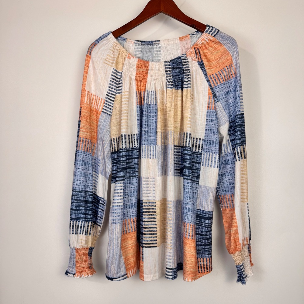 Micoson Peasant Blouse Womens 3XL Blue Orange Long Sleeve Boho Geometric Smocked